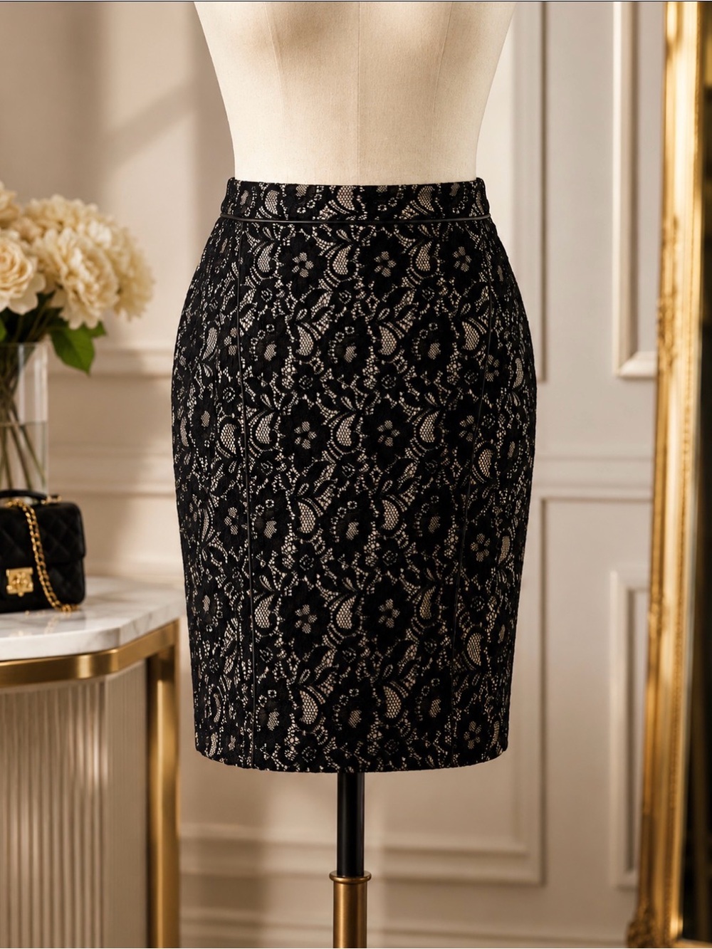 Express Black Lace Pencil Skirt with Nude Underlay